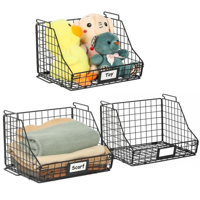 3pcs Stackable Foldable Countertop Wall Mounted Wire Basket Closet Organizer
