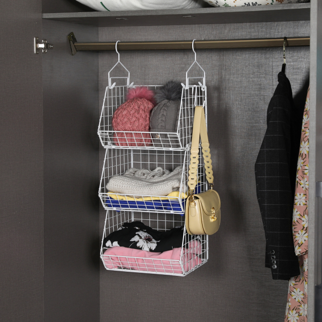 White 3 Tier Stackable Foldable Hanging Countertop Closet Organizer with Hanging S Hook