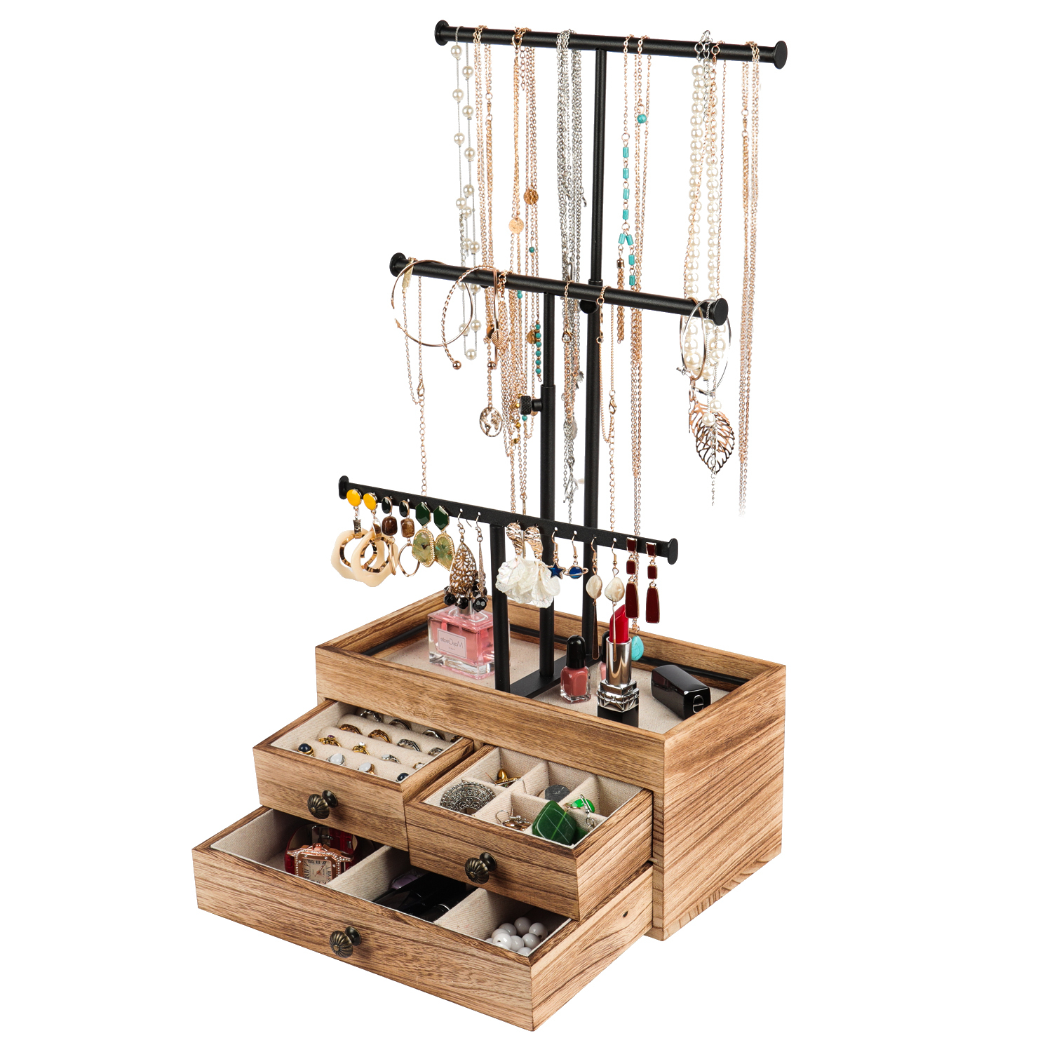 3 Tier Metal Jewelry Necklaces Holder Stand with Wood Basic Storage Box