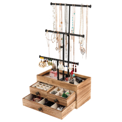 3 Tier Metal Jewelry Necklaces Holder Stand with Wood Basic Storage Box