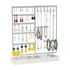 Silver Earring Necklace Holder, Ear Stud Organizer with Wooden Tray