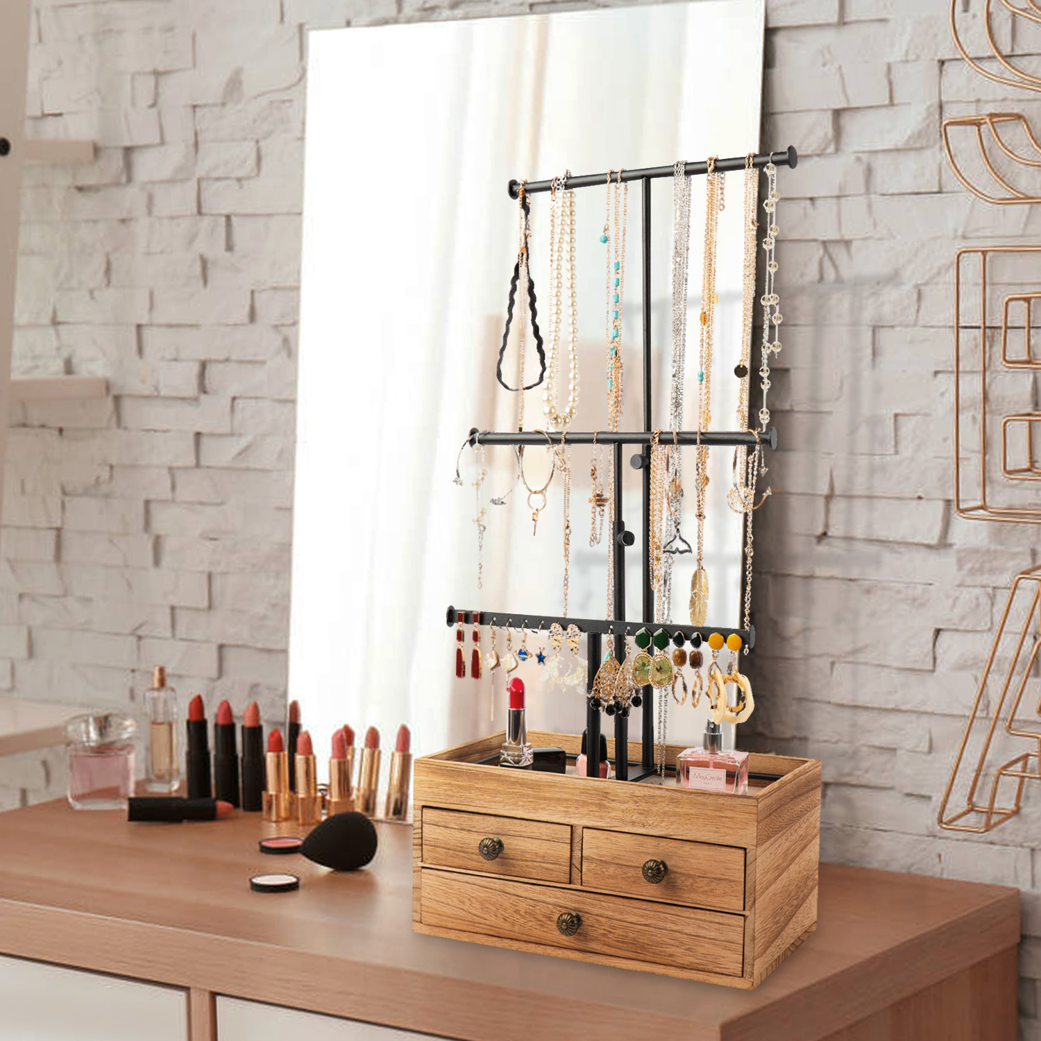3 Tier Metal Jewelry Necklaces Holder Stand with Wood Basic Storage Box