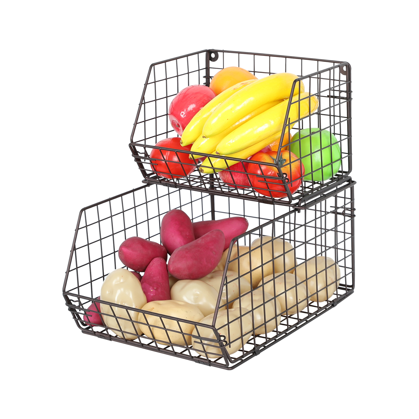 2-Tier Wall-mounted & Countertop Stackable Wire Storage Baskets for Fruit Veggies Produce Snack Canned Foods, Brown
