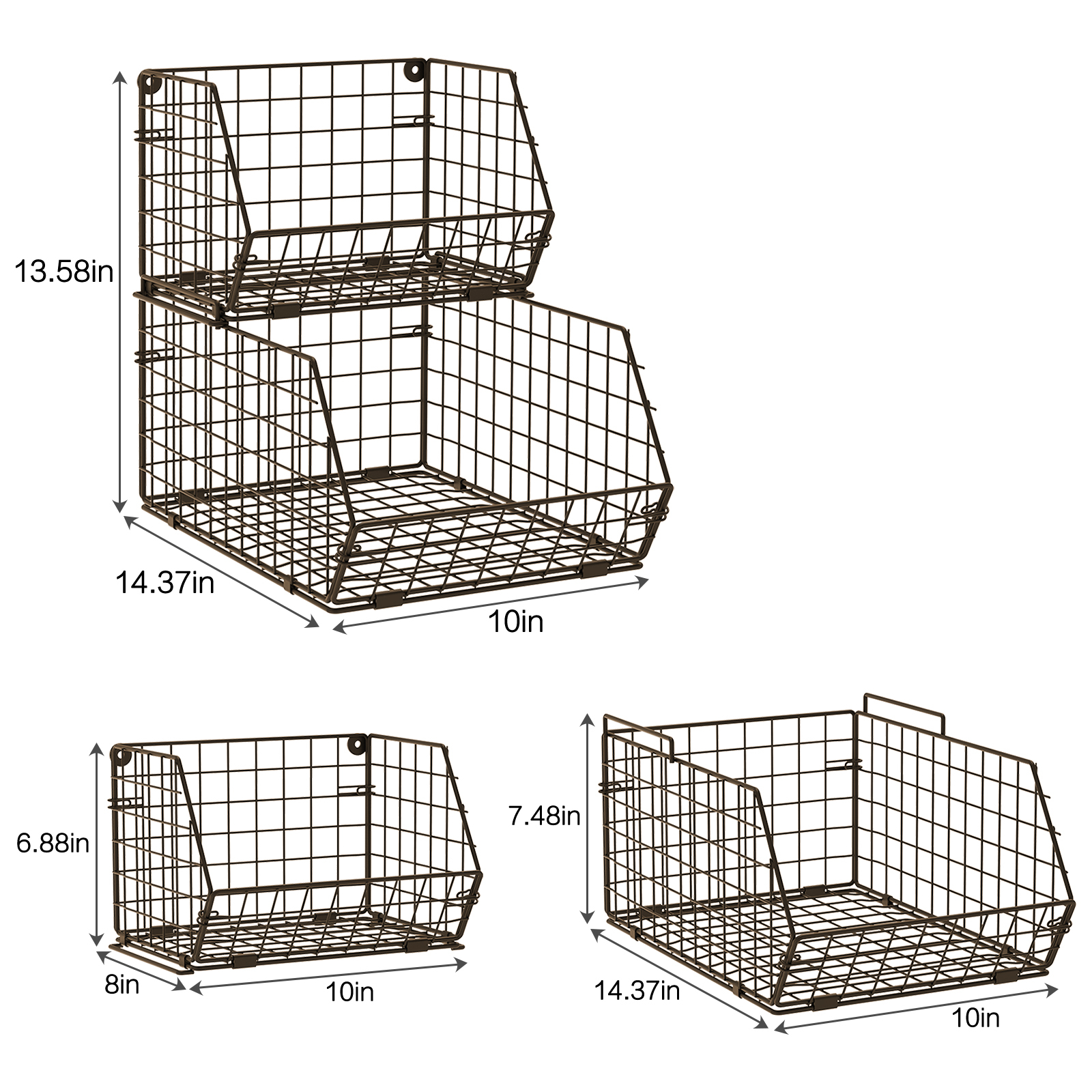 2-Tier Wall-mounted & Countertop Stackable Wire Storage Baskets for Fruit Veggies Produce Snack Canned Foods, Brown