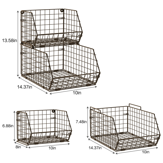 2-Tier Wall-mounted & Countertop Stackable Wire Storage Baskets for Fruit Veggies Produce Snack Canned Foods, Brown