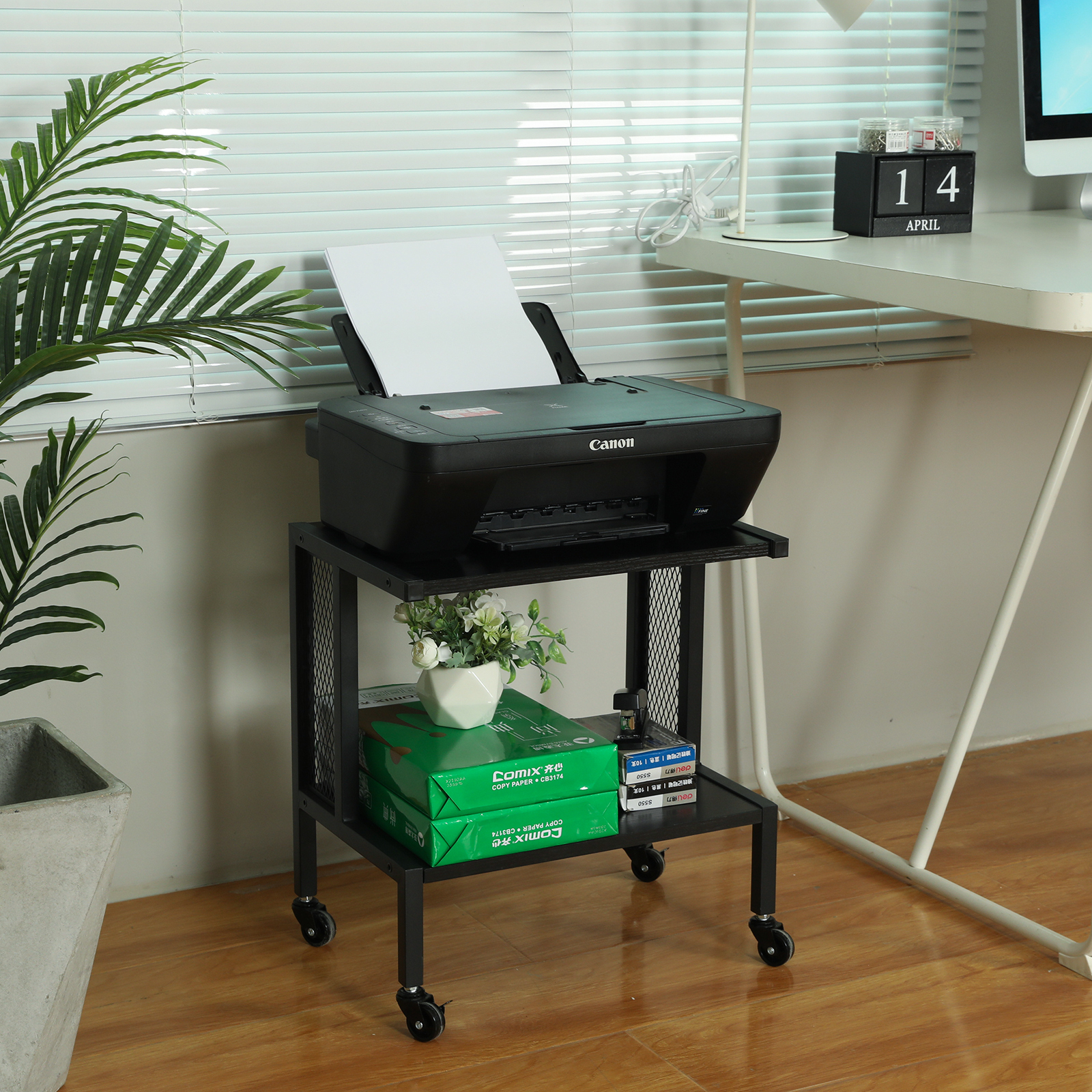 Printer Stand Storage Under Desk Printer Table  2 Tiers Mobile Rolling Printer Cart with Wheels