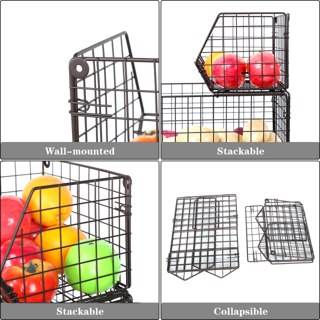 2-Tier Wall-mounted & Countertop Stackable Wire Storage Baskets for Fruit Veggies Produce Snack Canned Foods, Brown