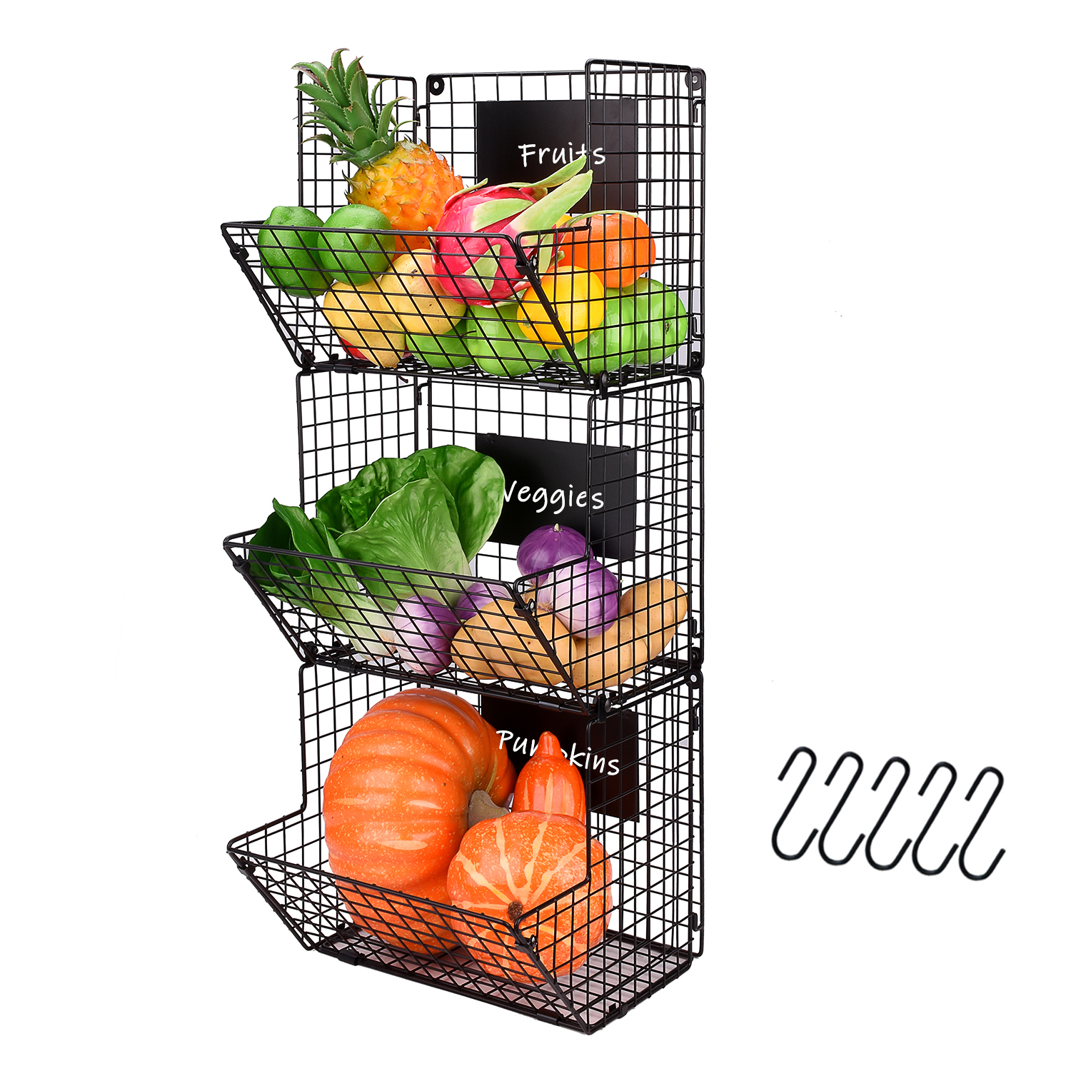 3 Tier Wall Storage Basket Organizer with Hanging Hooks Chalkboards, Rustic Kitchen Fruit Produce Bin Rack Bathroom Tower Baskets (Black)