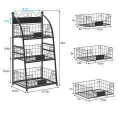 3 Tier Vegetables Storage Basket Stand with Nameplate Kitchen Freestanding Metal Fruit Storage Cart with Anti-scratch Adjustable Feet
