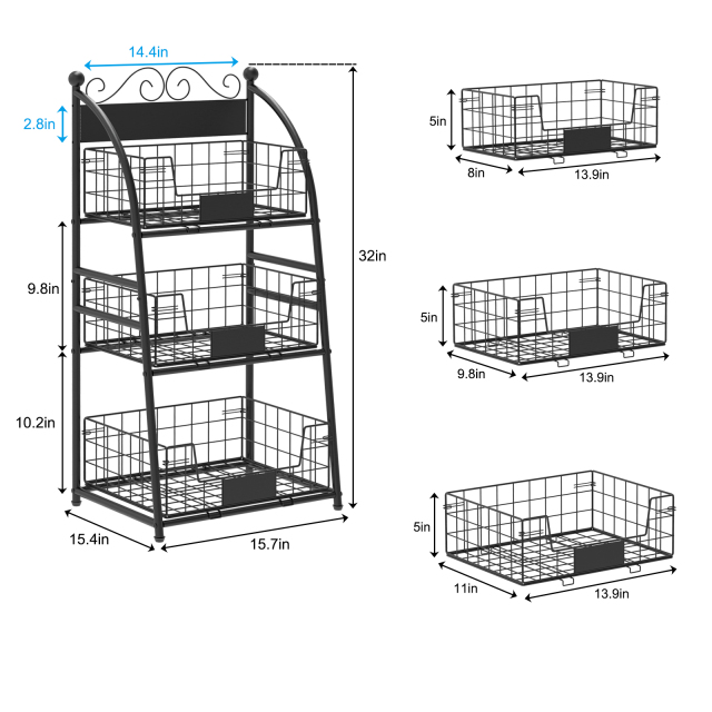 3 Tier Vegetables Storage Basket Stand with Nameplate Kitchen Freestanding Metal Fruit Storage Cart with Anti-scratch Adjustable Feet