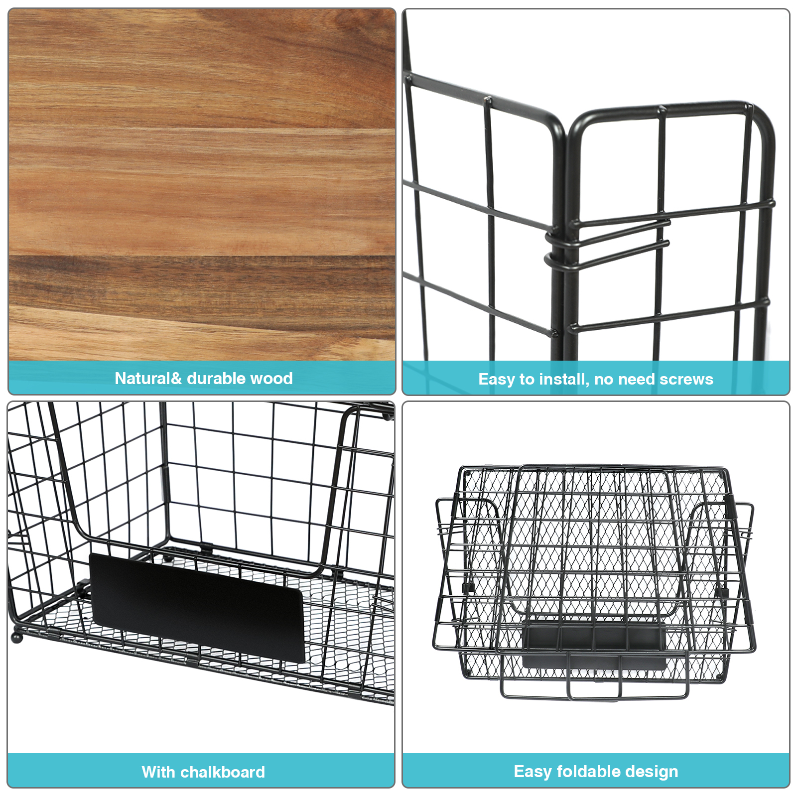 2 Stackable Wire Storage Baskets with Wood Lid and Chalkboards - Kitchen Countertop Organizer for Fruit Vegetable