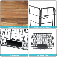 2 Stackable Wire Storage Baskets with Wood Lid and Chalkboards - Kitchen Countertop Organizer for Fruit Vegetable