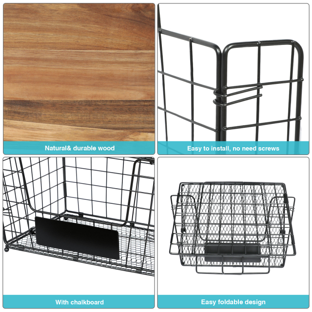 2 Stackable Wire Storage Baskets with Wood Lid and Chalkboards - Kitchen Countertop Organizer for Fruit Vegetable