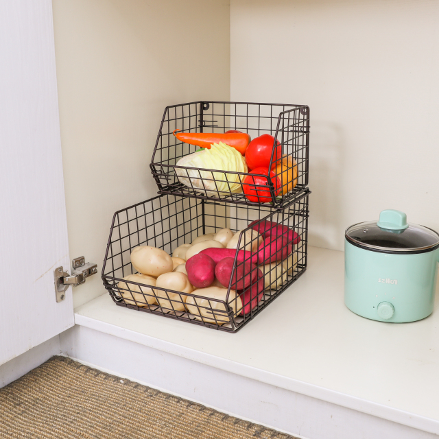 2-Tier Wall-mounted & Countertop Stackable Wire Storage Baskets for Fruit Veggies Produce Snack Canned Foods, Brown