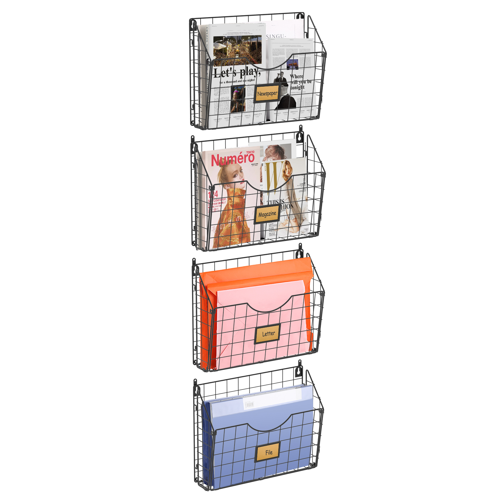 Stackable Hanging Wall Files Rack & 4-Tier Metal Folder Wall File Holder