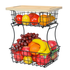 2 Tier Countertop Fruit Basket Stand with Wooden Board, Detachable Fruit Storage Basket for Kitchen