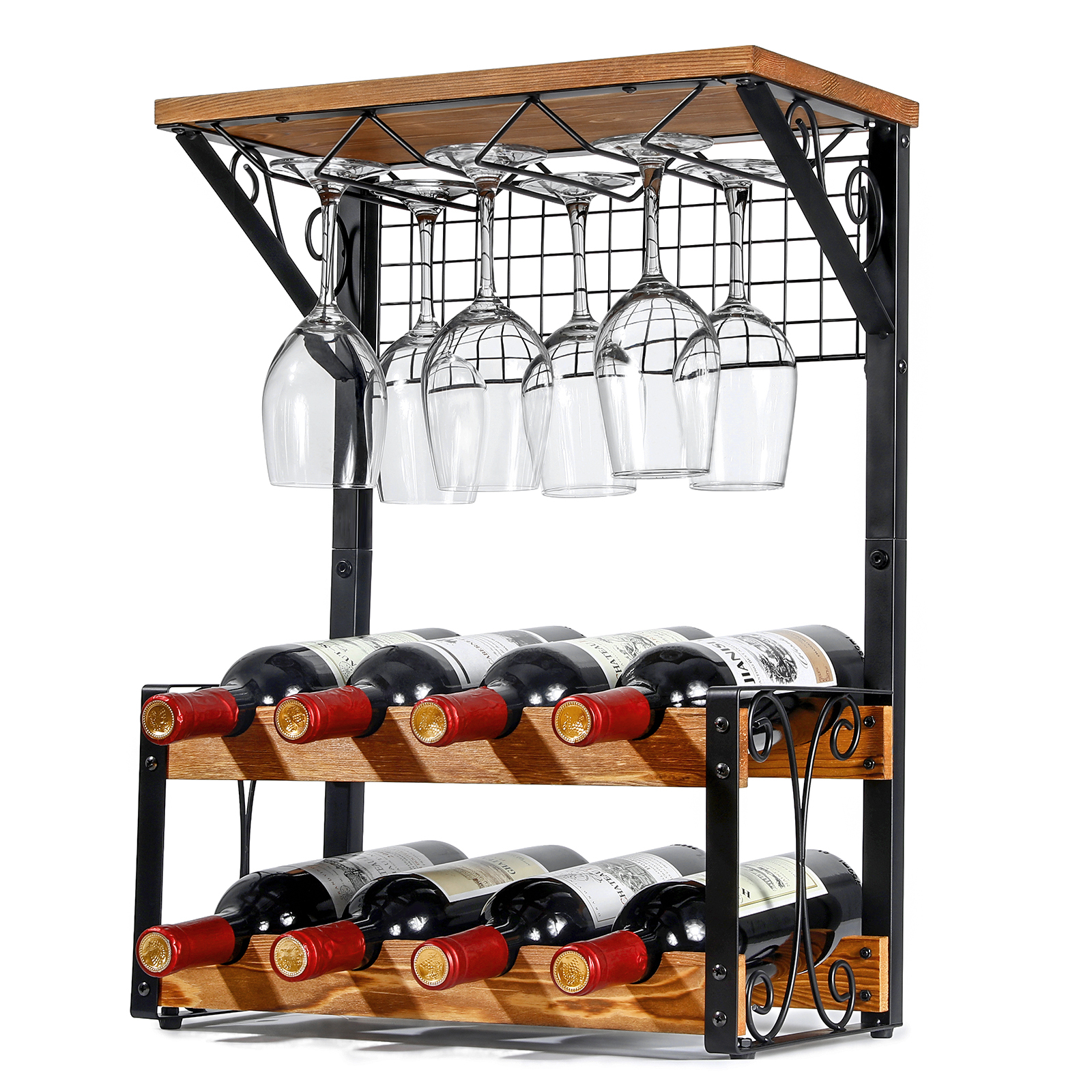 2 Tier Solid Wood Wine Rack Countertop Wine Storage Stand,Hold 8 Wine Bottles and 6 Glasses