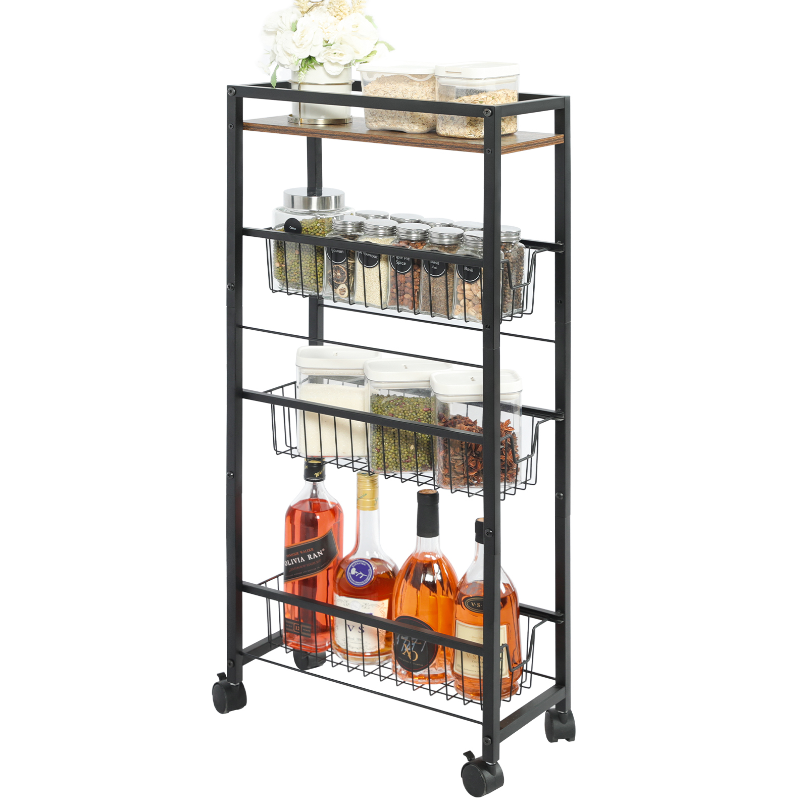 New Design Multiuse 4 Tier Slim Rolling Utility Slide Out Wire Baskets Narrow Storage Cart
