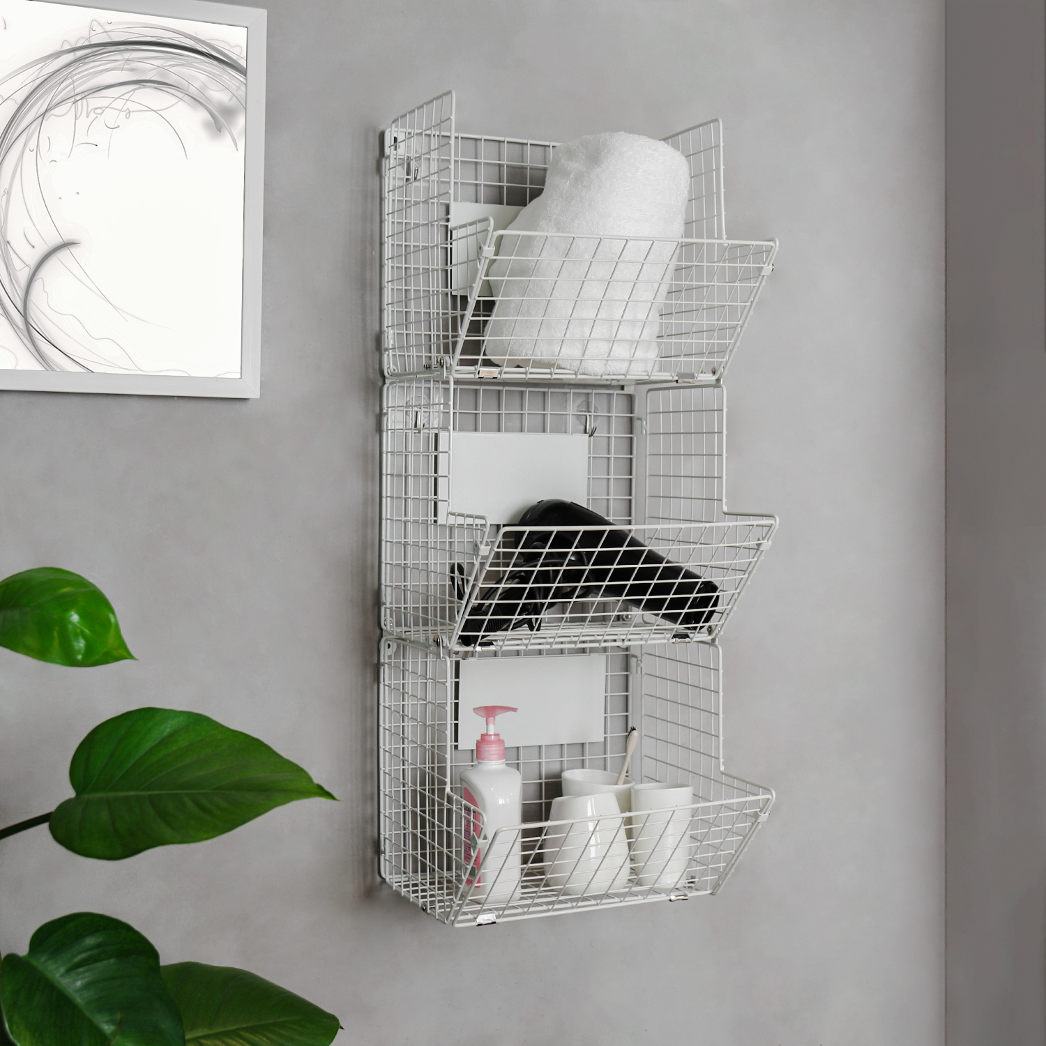 3 Tier Wall Storage Basket Organizer with Hanging Hooks Chalkboards, Rustic Kitchen Fruit Produce Bin Rack Bathroom Tower Baskets (white)