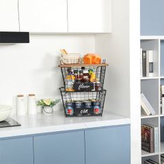 2 Stackable Wire Storage Baskets with Wood Lid and Chalkboards - Kitchen Countertop Organizer for Fruit Vegetable