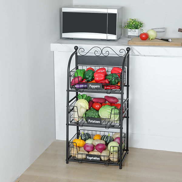 3 Tier Vegetables Storage Basket Stand with Nameplate Kitchen Freestanding Metal Fruit Storage Cart with Anti-scratch Adjustable Feet