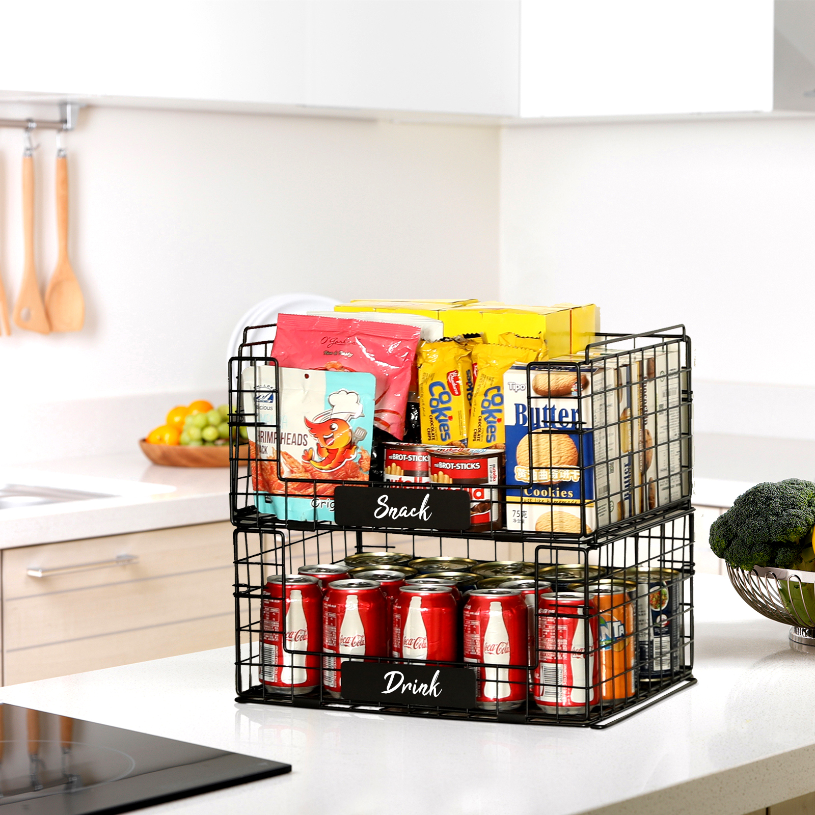 4 Pack XXL Stackable Wire Baskets with Handles for Pantry Storage and Organization,