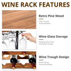 2 Tier Solid Wood Wine Rack Countertop Wine Storage Stand,Hold 8 Wine Bottles and 6 Glasses