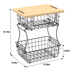 2 Tier Countertop Fruit Basket Stand with Wooden Board, Detachable Fruit Storage Basket for Kitchen