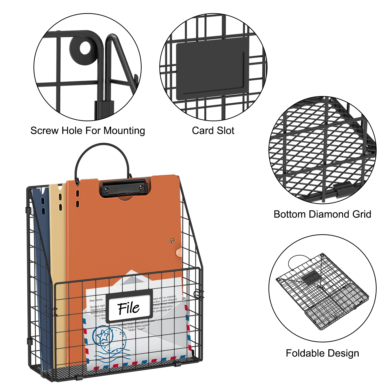 Hanging Wall File Holder Organizer Metal Wall Mount File Folders Magazine Rack