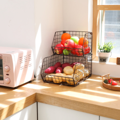 2-Tier Wall-mounted & Countertop Stackable Wire Storage Baskets for Fruit Veggies Produce Snack Canned Foods, Brown