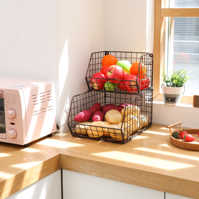 2-Tier Wall-mounted & Countertop Stackable Wire Storage Baskets for Fruit Veggies Produce Snack Canned Foods, Brown