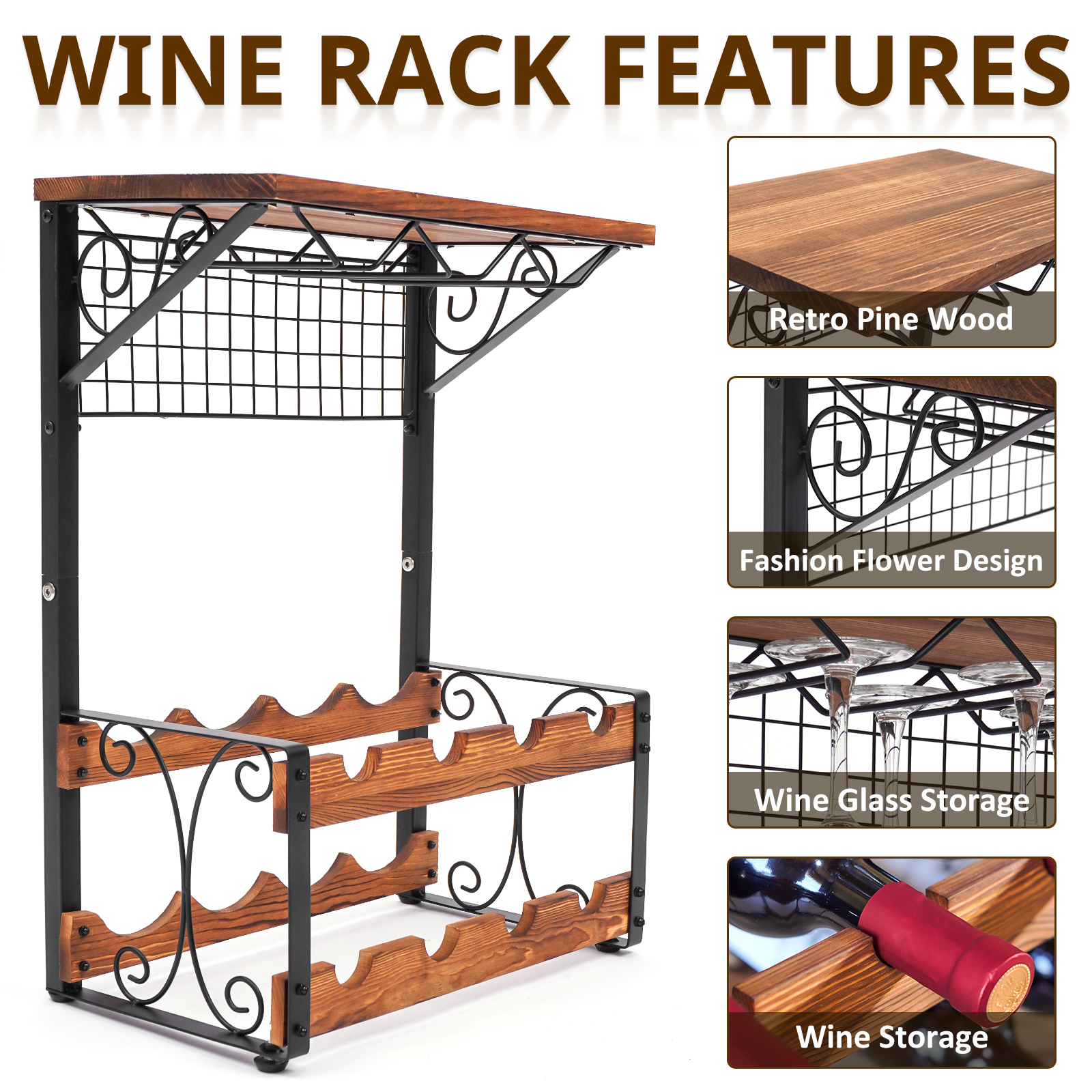 2 Tier Solid Wood Wine Rack Countertop Wine Storage Stand,Hold 8 Wine Bottles and 6 Glasses
