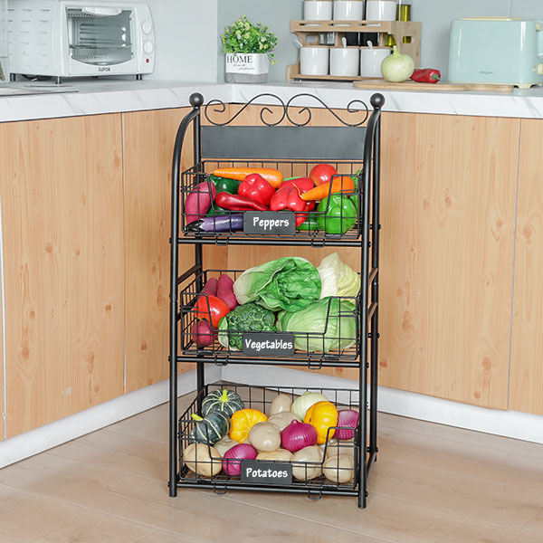 3 Tier Vegetables Storage Basket Stand with Nameplate Kitchen Freestanding Metal Fruit Storage Cart with Anti-scratch Adjustable Feet
