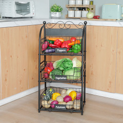 3 Tier Vegetables Storage Basket Stand with Nameplate Kitchen Freestanding Metal Fruit Storage Cart with Anti-scratch Adjustable Feet
