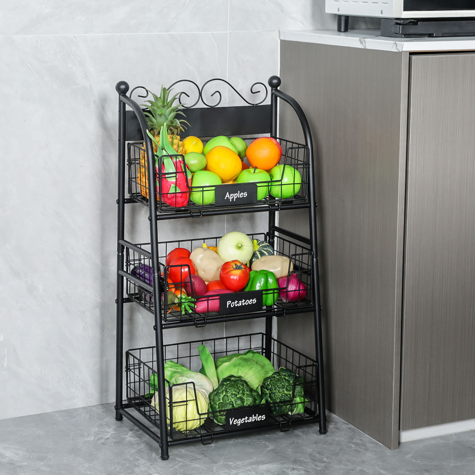 3 Tier Vegetables Storage Basket Stand with Nameplate Kitchen Freestanding Metal Fruit Storage Cart with Anti-scratch Adjustable Feet