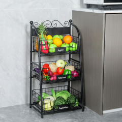 3 Tier Vegetables Storage Basket Stand with Nameplate Kitchen Freestanding Metal Fruit Storage Cart with Anti-scratch Adjustable Feet