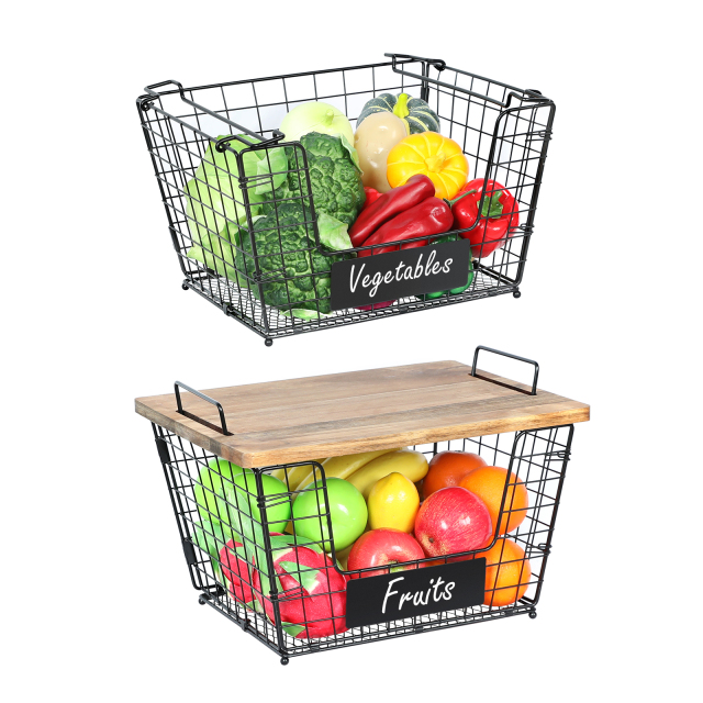 2 Stackable Wire Storage Baskets with Wood Lid and Chalkboards - Kitchen Countertop Organizer for Fruit Vegetable