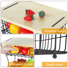 2 Tier Countertop Fruit Basket Stand with Wooden Board, Detachable Fruit Storage Basket for Kitchen