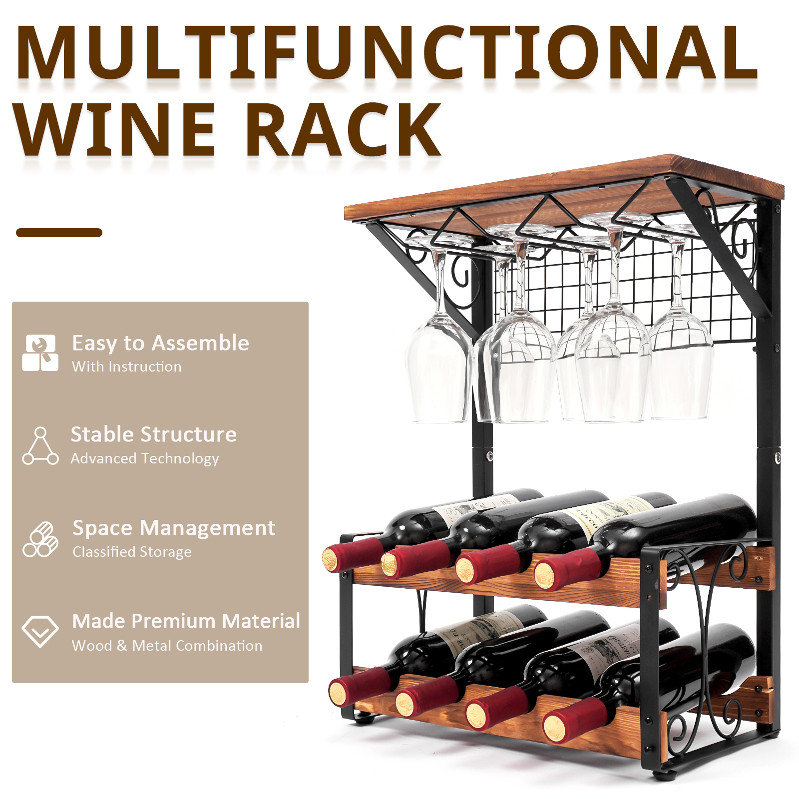 2 Tier Solid Wood Wine Rack Countertop Wine Storage Stand,Hold 8 Wine Bottles and 6 Glasses