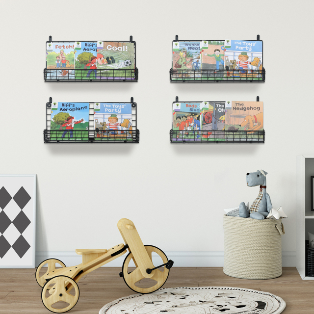 4 Tier Metal Wall Mounted Metal Kids Bookshelf, Floating Book Shelves for Kids Toddler Classroom