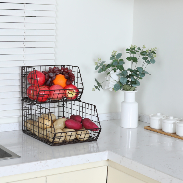 2-Tier Wall-mounted & Countertop Stackable Wire Storage Baskets for Fruit Veggies Produce Snack Canned Foods, Brown