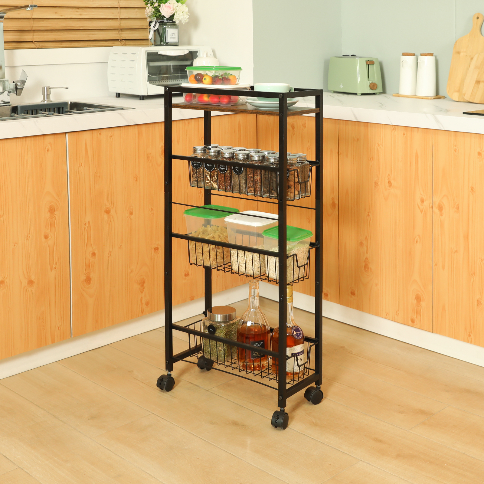 New Design Multiuse 4 Tier Slim Rolling Utility Slide Out Wire Baskets Narrow Storage Cart