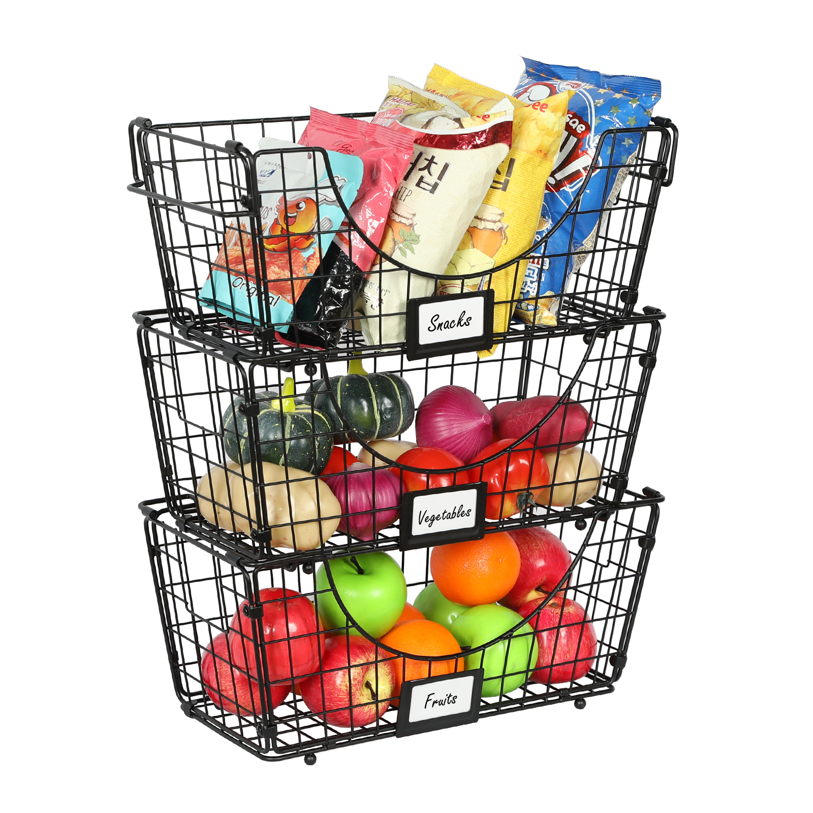 3 Pack Foldable Fruit Vegetable Basket with Removable Name Plate