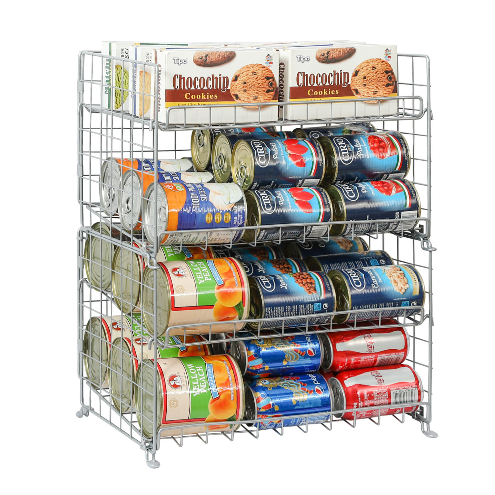 4-Tier Can Storage Rack for Kitchen Cabinet Pantry, Multifunctional Can Dispenser for Storing Canned Snacks Drinks and More,Silver