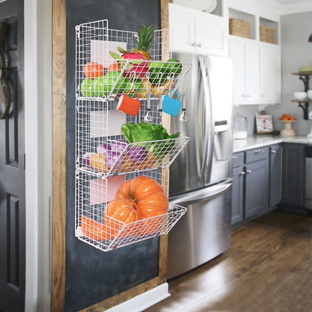3 Tier Wall Storage Basket Organizer with Hanging Hooks Chalkboards, Rustic Kitchen Fruit Produce Bin Rack Bathroom Tower Baskets (white)