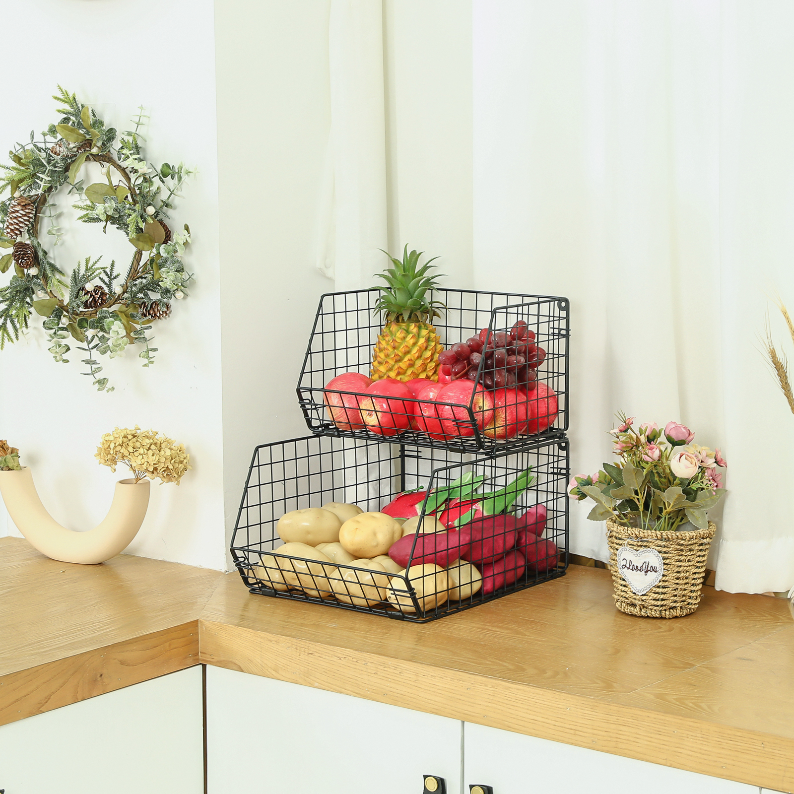 2-Tier Wall-mounted & Countertop Tiered Baskets for Fruit Veggies Produce Snack Canned Foods, Black,Extra Large