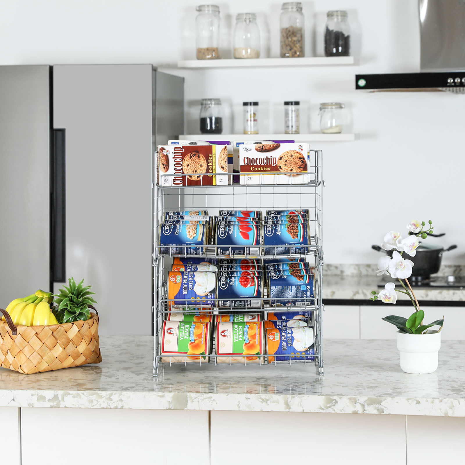 4-Tier Can Storage Rack for Kitchen Cabinet Pantry, Multifunctional Can Dispenser for Storing Canned Snacks Drinks and More,Silver
