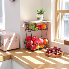 2 Tier Countertop Fruit Basket Stand with Wooden Board, Detachable Fruit Storage Basket for Kitchen