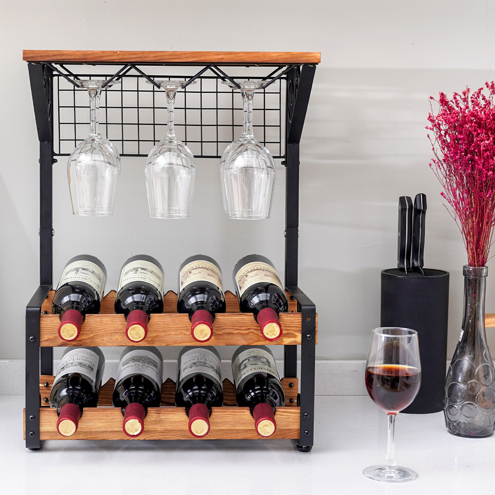 2 Tier Solid Wood Wine Rack Countertop Wine Storage Stand,Hold 8 Wine Bottles and 6 Glasses