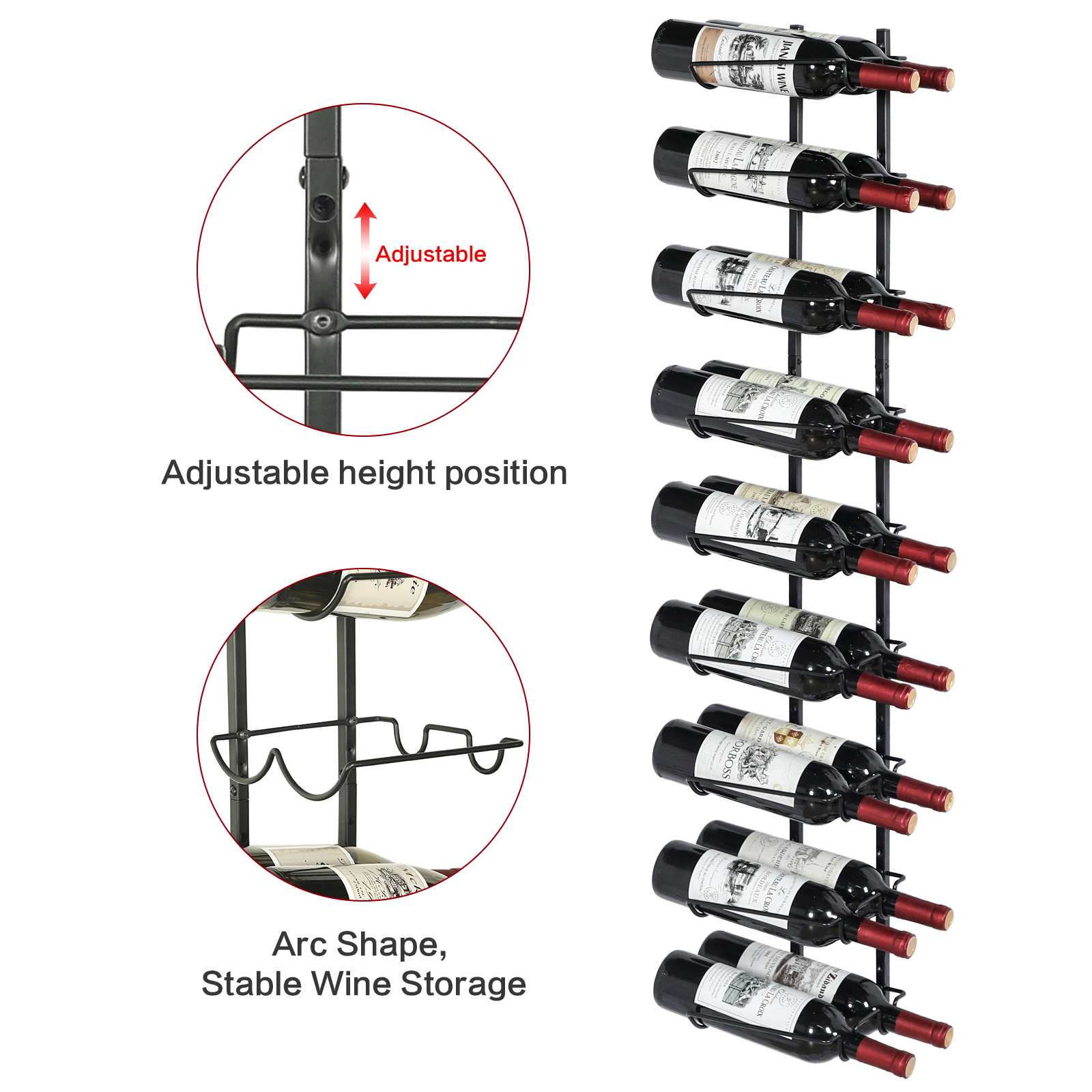 36 Bottle Wall Mounted Adjustable and Separable Metal Hanging Wine Bottle Holder Rack